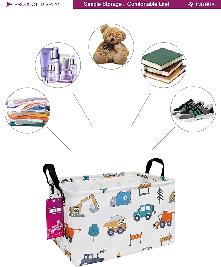 INGHUA Rectangular Storage Basket Fabric Organizer Bin for Toys,Books,Clothes,Gifts,Pets-Perfect for Home,Office,Nursery,Dorm,Shelf(Rec-Vehicles )