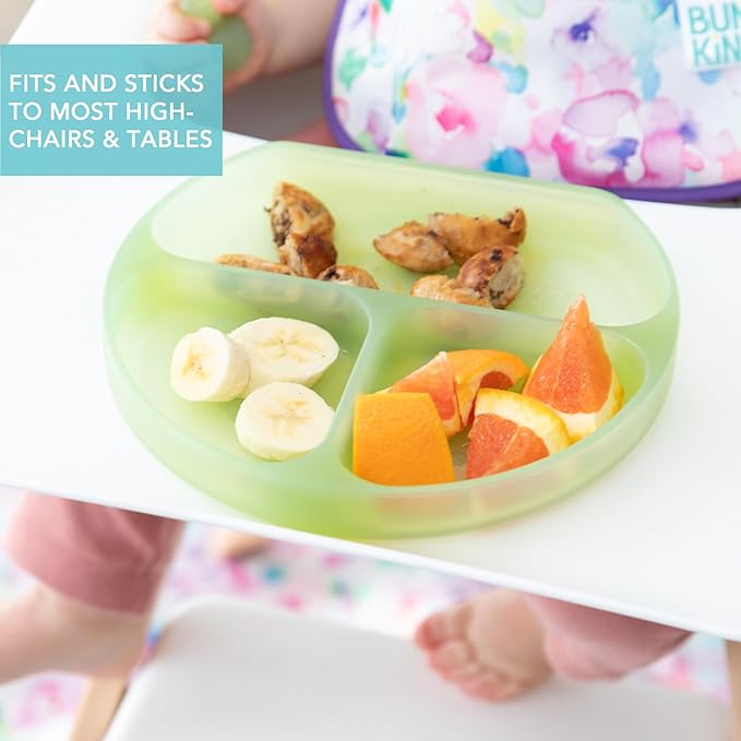 Bumkins Toddler and Baby Suction Plate, Silicone Divided Grip Dish for Babies and Kids, Baby Led Weaning, Children Feeding Supplies, Non Skid Sticky Bottom, Ages 6 Months Up, Green Jelly