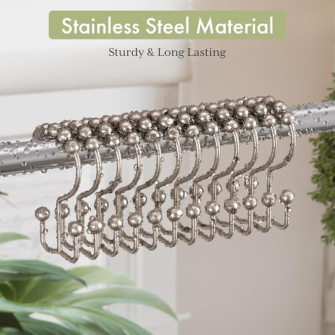 Amazer Shower Curtain Hooks Rings, Stainless Steel Shower Curtain Rings, 12Pcs Double Glide Shower Hooks for Bathroom Shower Curtain Rods Dual Rust-Resistant Shower Rings, Matte Nickel
