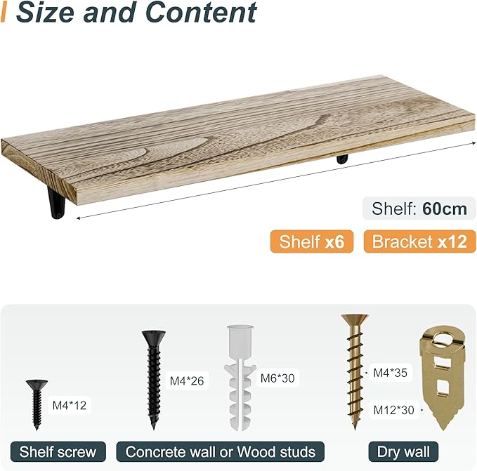 SKYSEN Floating Shelves for Wall Set of 6, 23.6in Wood Wall Shelf for Decor, Bathroom, Bedroom, Storage, Book,Kitchen, Living Room - Rustic Brown(fs-60-l)