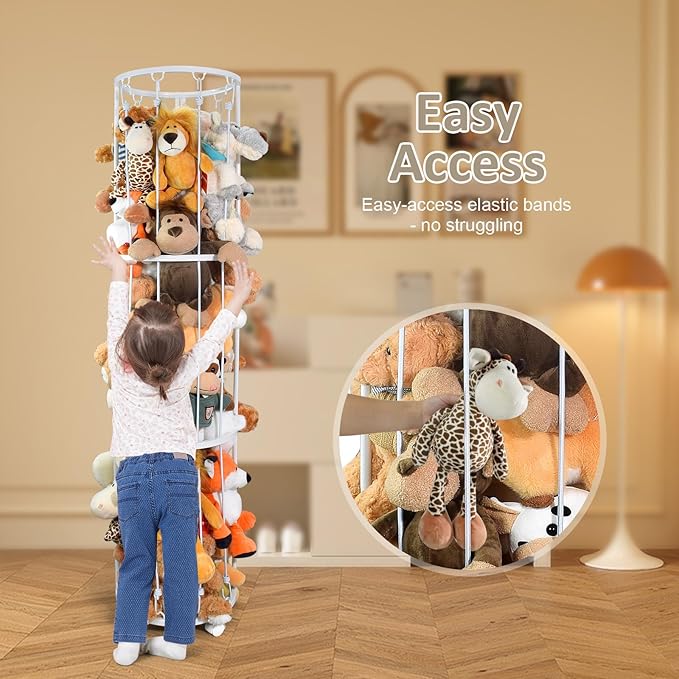 BENCHRY Stuffed Animal Storage Zoo, Metal Plushies Toy Storage Organizer, Tube Stuffed Animal Holder with Brake Wheels, Space Saving Plush Toy Holder for Playroom Bedroom Nursery (White)