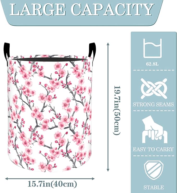 VODRM Cherry Blossom Floral Branch Laundry Basket, Dirty Collapsible Clothes Toy Organizer Hamper for Kids Adults, Oxford Cloth Waterproof Storage Bin for Bathroom Home Decor Gifts, 19.7"X15.7"