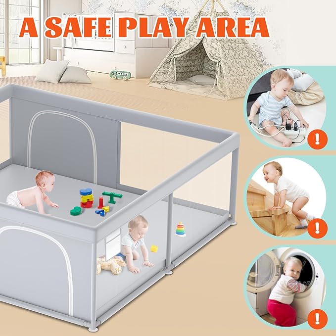 Baby Playpen, 79''x79'' Extra Large Playpen for Babies and Toddlers, Baby Fence Play Pen for Indoor & Outdoor, with Soft Breathable Mesh Grey