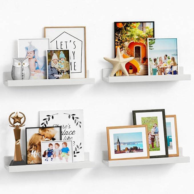 Forbena White Picture Ledge Shelf, Floating Shelves with Lip for Bedroom Books, Corner Nursery Book Shelves Wall Mounted for Small Spaces Office Baby Child Kids Room Art Decor (4-Pack, Real Wood)
