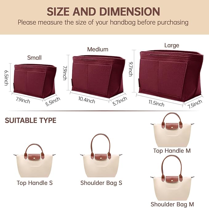 OPPOSHE Purse Organizer Insert for Longchamp Le Pliage, Premium Felt Long Champ Bag Handbag Women, Tote Organizer Insert with 6 Compartments (Small, Dark Red)