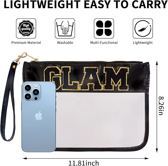 Iqimott Chenille Letter Bag Clear Flat Pouch, Monogram Glitter Letter Patch Makeup Cosmetic Bag Zipper Toiletry Pouch, Portable Travel Beach Snack Wristlet Bag for Women Girls(Black)