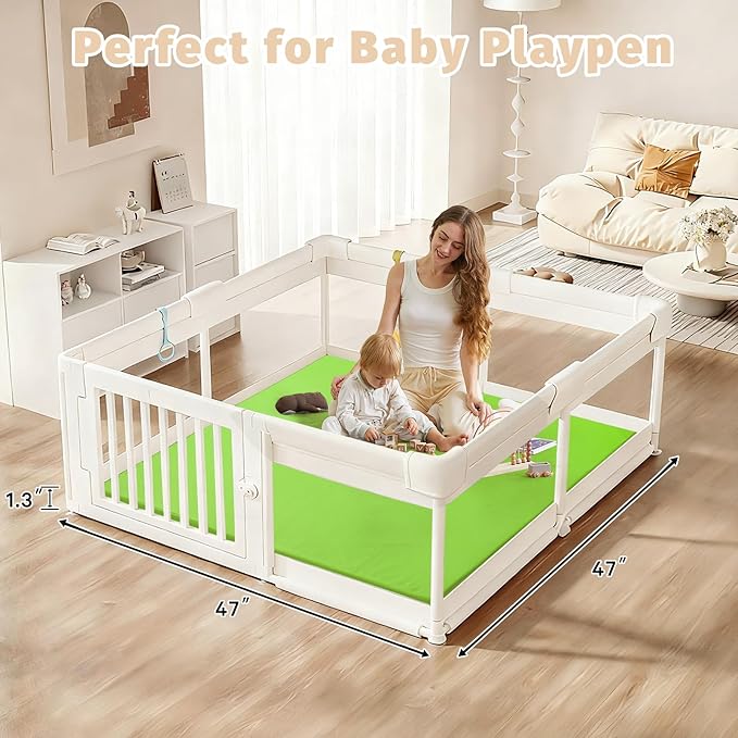 Waterproof Baby Play Mat for Floor 1.3"Thick Memory Foam 47 * 47 Cushion Playpen Playmat Tummy Time Crawling Mat Nursery Rug Pad Mattress Create Soft & Safe Area for Infants,Toddler,Kids,Green