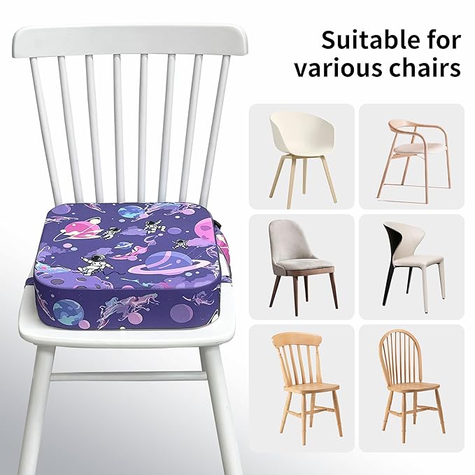 Toddler Booster Seat for Dining Table, Waterproof Kids Booster Seat for Kitchen Chair, High Density Foam Cushion with Non-Slip Bottom, Washable Cover & Adjustable Straps (Purple Starry Sky)