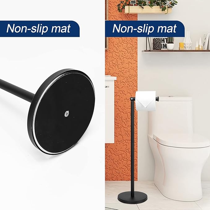 NearMoon Bath Toilet Paper Holder Stand- Modern Tissue Roll Holder Standing with Balanced Base, Rustproof Toilet Roll Holder for Bathroom/Kitchen Countertop (Matte Black, Stainless Steel Base)