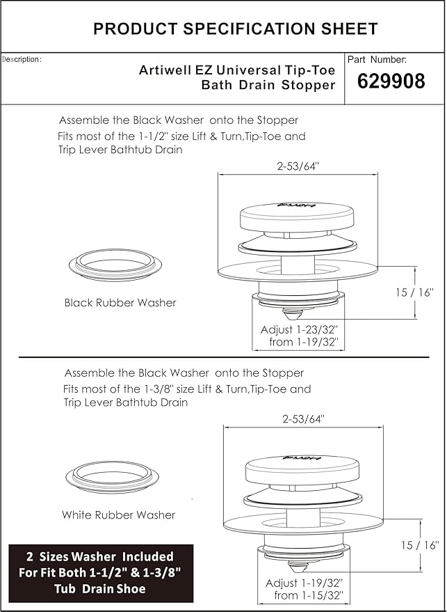 Artiwell Universal Tip Toe Bath Drain Stopper and Cover, Bathtub Drain Stopper, Replaces Lift and Turn, Tip-Toe and Trip Lever drains for Tub, EZ Installation and Clearing (Chrome Plated)
