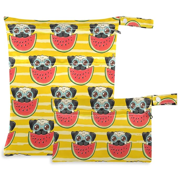 visesunny Bulldog Eatting Watermelon Yellow Stripe Cartoon Animal 2Pcs Wet Bag with Zippered Pockets Washable Reusable Roomy for Travel,Beach,Pool,Daycare,Stroller,Diapers,Dirty Gym Clothes, Wet Swims