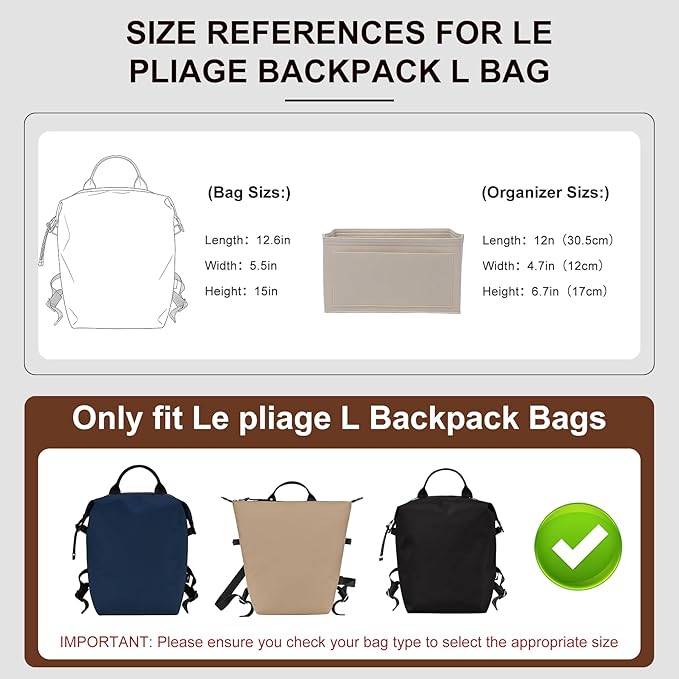 Premium Felt Purse Organizer Insert Compatible with Long Champ Le Pliage L Backpack, Lightwieight Bag Divider Shaper with 8 Pockets & YKK Zipper, Beige/LB