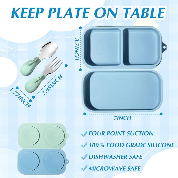 Uiifan 2 Pack Baby Suction Plate Set Silicone Suction Plate with Lid Divided Bowls for Portable Toddler Utensils Compact for Self Feeding Baby Travel Essential(Blue, Sage Green)