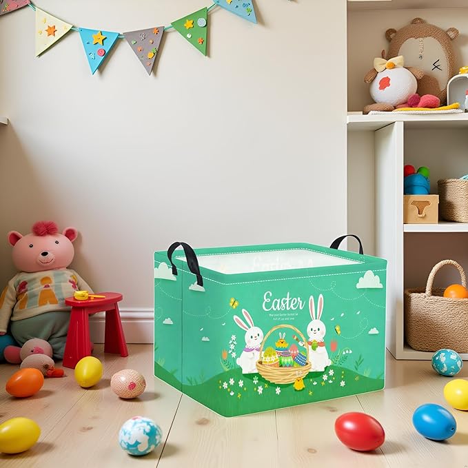 TIBAOLOVER Rectangular Easter Basket for Home Kitchen Baby Girls Basket Cute Storage Bin Organizer Shelf Book Room Decor(Green Cute Bunny)