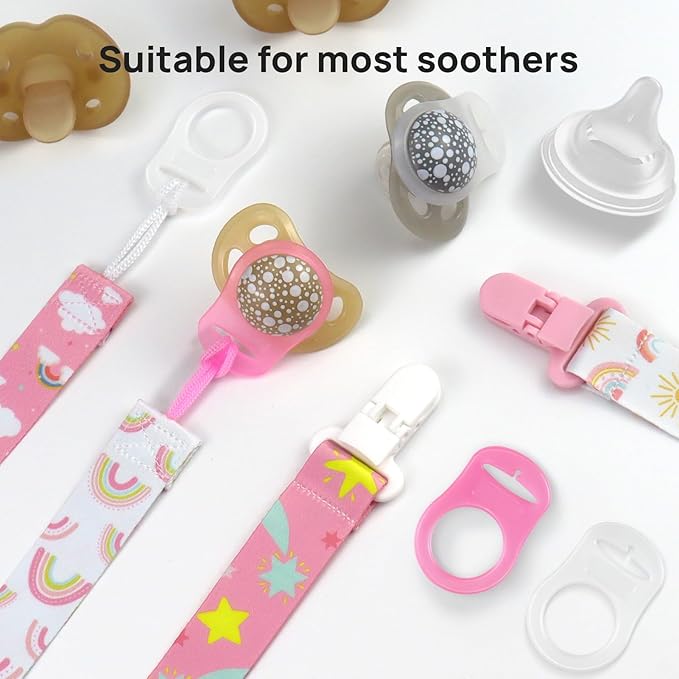 4 Pack Pacifier Clips for Boys Girls, Dummy Clips Baby with Adapters, Silicone Binky Clips for Baby Teething Toys Baby Shower (Pink+White)