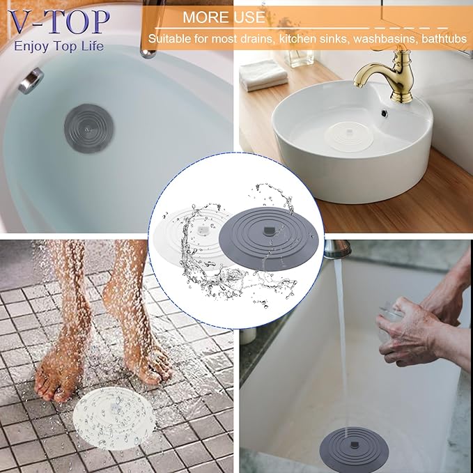 V-TOP Bathtub Drain Stopper 2 Pack, 5 inches Silicone Tub Stopper Shower Drain Cover, Bath Tub Plug Hair Stopper,Universal Flat Suction Renter Friendly Bath Accessories (White&Grey, 5 inch)