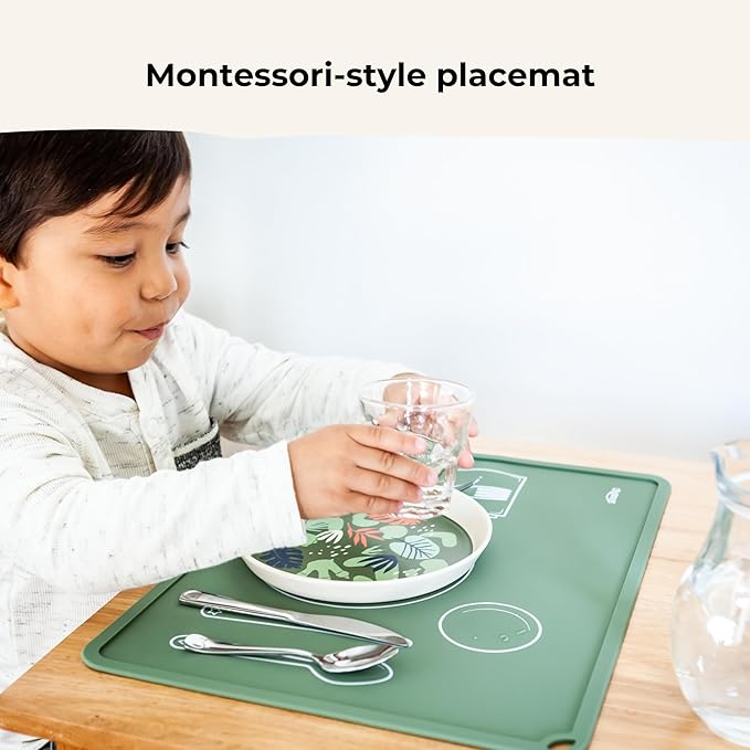 CHAMOS Montessori Placemat for Toddlers - Kids Silicone Mats for Dining Table - Set of 2 - Table Setting Learning (Clay and Beige)