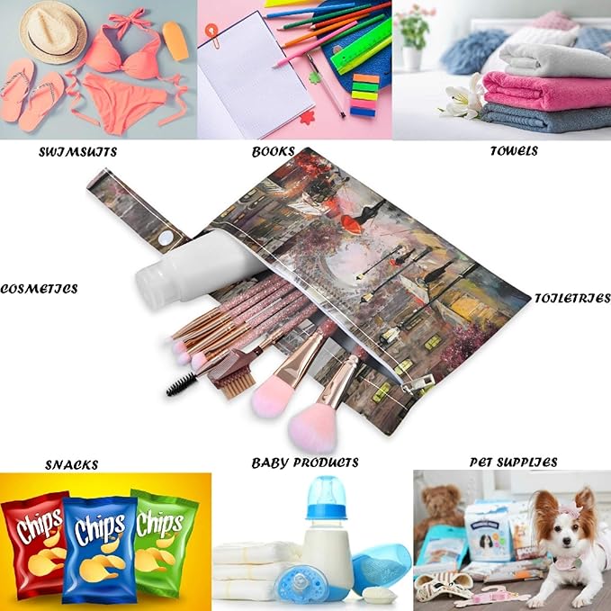 visesunny Oil Painting Eiffel Tower 2Pcs Wet Bag with Zippered Pockets Washable Reusable Roomy for Travel,Beach,Pool,Daycare,Stroller,Diapers,Dirty Gym Clothes, Wet Swimsuits, Toiletries