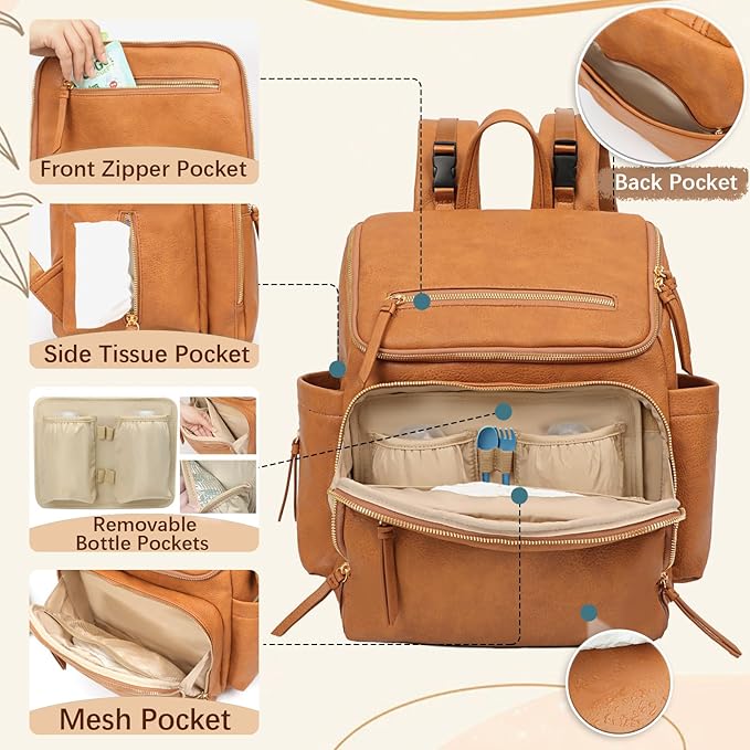Omanmoli Diaper Bag Backpack Large Baby Diaper Bag Leather with 17 Diaper Bag Organizing Pouches,Changing Pad,Stroller Straps,4 Insulated Pockets,Honey