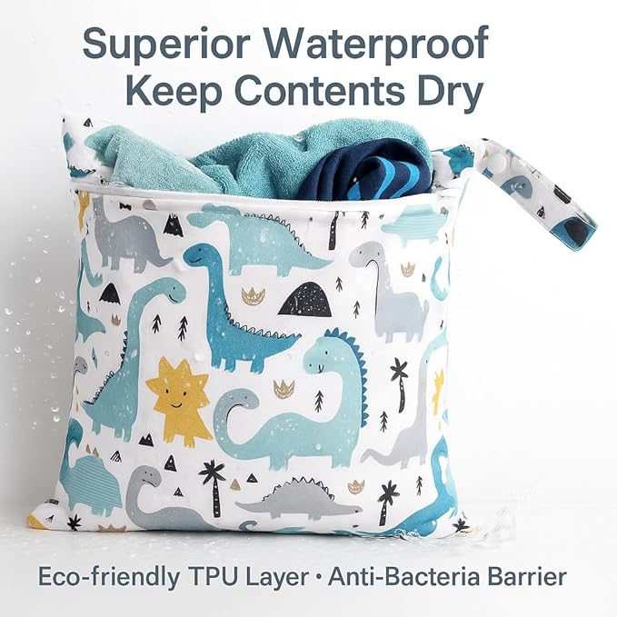 FANALALA Waterproof Wet Dry Bag, Reusable Diaper Pouch with Zipper, Machine Washable Travel Organizer for Beach, Daycare, Kids, Dinosaur Pattern (White Dino)