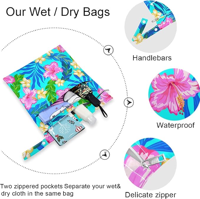 visesunny Tropical Hibiscus Floral Turquoise 2Pcs Wet Bag with Zippered Pockets Washable Reusable Roomy for Travel,Beach,Pool,Daycare,Stroller,Diapers,Dirty Gym Clothes, Wet Swimsuits, Toiletries