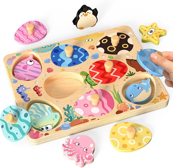 Zeoddler Wooden Puzzles for Toddlers, 8 Pcs Sea Animal Matching Egg Puzzle, Montessori Toys for Boy Girl Easter Birthday Gifts, Preschool Learning Activities & Educational Toys for Boys, Girls