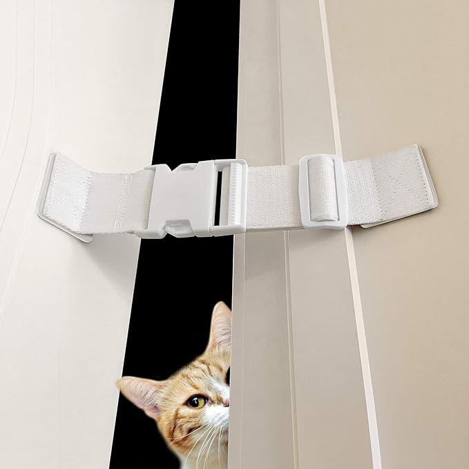 Child Proof Door Lock Latch with Adjustable Strap for Cat Litter Box Room, Cats Enter Easily But No Kids (2 Packs) Reusable Baby Safety Lock, Install in Seconds On Door Frame Only (White)