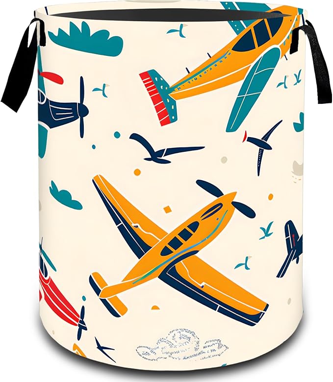 VODRM Retro Colorful Airplane Sky Laundry Basket, Dirty Collapsible Clothes Toy Organizer Hamper for Kids Adults, Oxford Cloth Waterproof Storage Bin for Room Bathroom Home Decor Gifts, 19.7"X15.7"