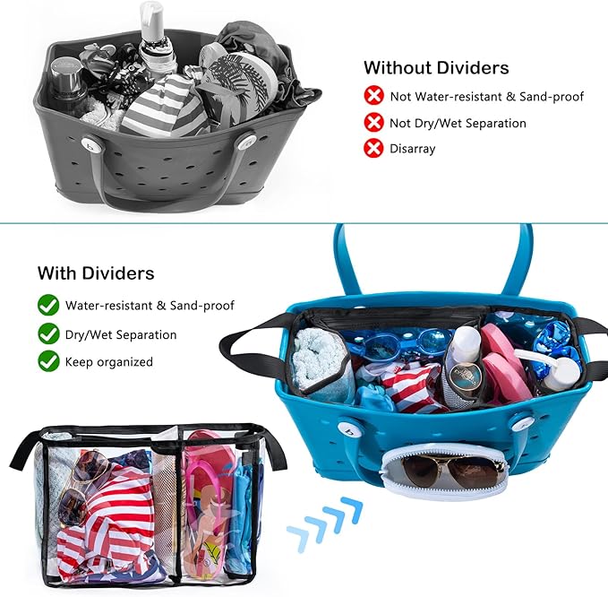 Clear Beach Bag Organizer Insert with 3pcs Accessories for Medium Bogg Bag Inserts -Beach Tote Bag Divider with Sunglasses Holder, Phone Holder and Clips Hooks - Beach Tote Insert Organizer Liner