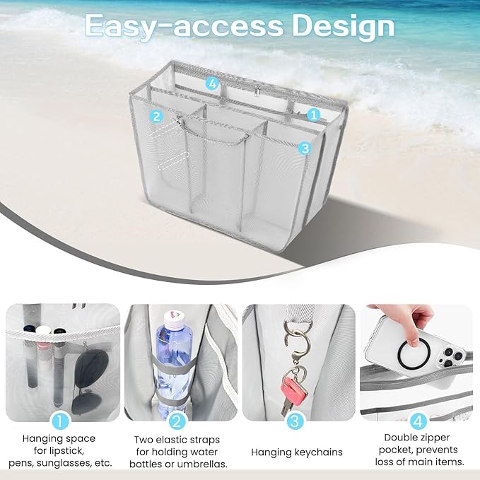 XYFuuee Beach Bag Organizer Inserts for Large Simple Modern Bag Accessories, with 8 Removable Metal Fasteners, Lightweight Mesh Insert Divider Pouch, Organizing Rubber Tote, Save Space, Gray