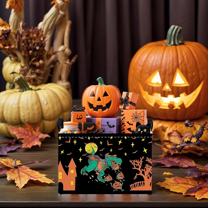 ASKETAM Halloween Basket Gift Cute Pumpkin Ghost Parties Decor Kid Trick or Treat Basket for Boys and Girls Rectangular Storage Bin Box (Dinosaur)