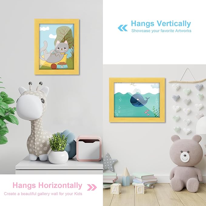 [2-Pack] Kids Art Frames, 8.5x11 Front Opening Kids Artwork Frames Changeable, Milk Yellow Artwork Display Storage Frame for Wall, Holds 50 Pcs, for 3D Picture, Crafts, Children Drawing, Hanging Art,