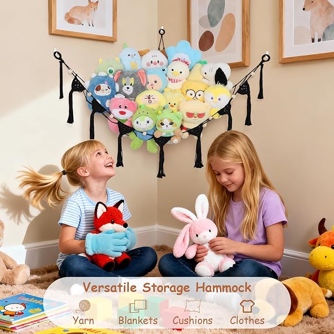 Stuffed Animal Storage Hammock Corner, 57 Inch Large No Drilling Handcrafted Stuffed Animal Net, Natural 100% Cotton Boho Macrame Toy Hammock Stuffed Animal Organizer for Kid Room Nursery Decor(Black)