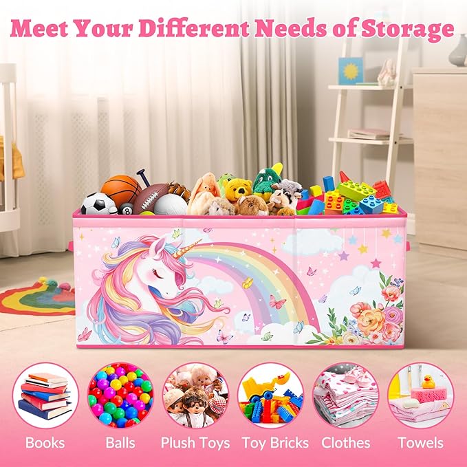 decalsweet Kids Toy Box Storage Chest Collapsible Storage Bin with Lids Handles for Boys Girls Toddler, Large Kids Toy Organizer Box for Kidsroom Bedroom Playroom Nursery,37.7"x12.5"x15.7"