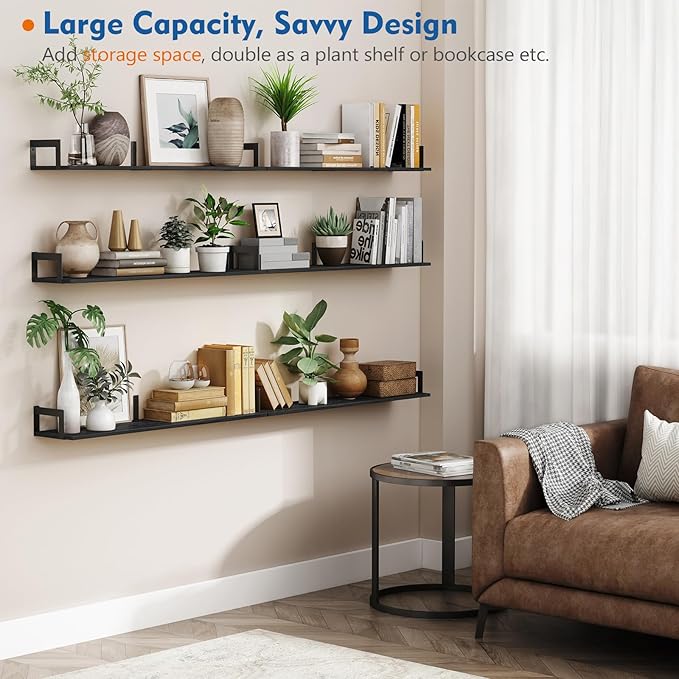 Large Floating Book Shelves for Wall Set of 3, 36 Inch Long Wall Mount Bookshelf for Bedroom, Heavy Duty Wood Hanging Bookshelves for Books, Laundry Living Room Classroom Library -Black
