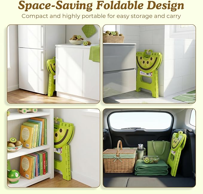 ACSTEP Folding Step Stool 9 Inch, Sturdy Collapsible Step Stool Foldable Up to 265 lbs for Kids Toddlers & Adults, Non Slip Foot Stools with Handle for Kitchen, Bathroom, Bedroom, Outdoor, Kiwi Green
