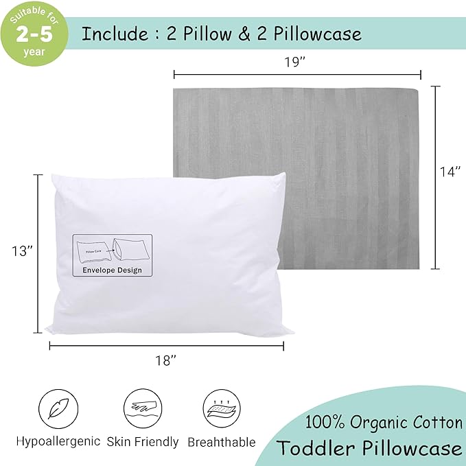 ZPECC Toddler Pillow with Pillowcase 2 Pack - 13x18 Organic Cotton Hypoallergenic Kids Pillow, Baby Essentials for Travel Crib Daycare Stroller (Intended for Age 2 and up) Grey Stripe
