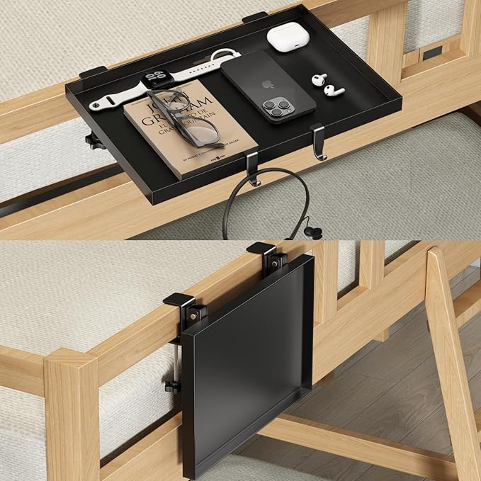 Magheo Bedside Shelf Foldable, Metal Clip-On Bunk Bed Table Shelf for Top Bunk Heavy Duty Bed Side Table Tray for College Dorm Room Essentials, Loft Nightstand Organizer Tray with 1 Cord Hole(Black)