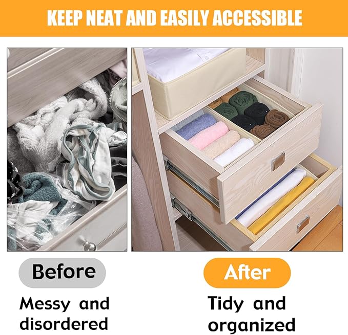 Foldable Dresser Drawer Organizers Clothes & Underwear Storage Box Drawer Divider Organizer Basket Bins for Socks, Bras - 3 Pack (Creamy-White)