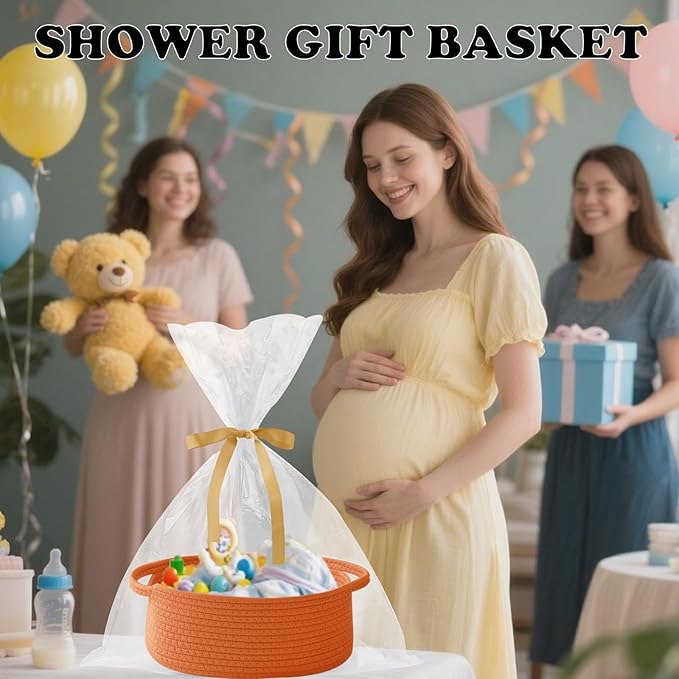 Small Woven Rope Basket-Empty Gifts Basket with Bag and Ribbons,Cute Handle Organizer Box for Birthday/Baby Shower, Toy Storage, Nursery Organizing & Shelf Decor(Orange)