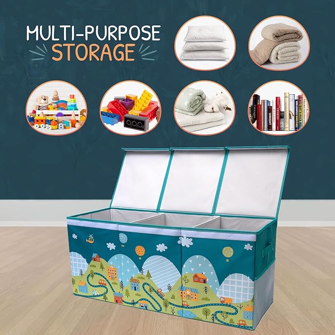 SoftOwl Extra Large Toy Storage Organizer with Lid - Sturdy, Collapsible Toy Chest Storage Box with Cute Design - Toys Bin with Dividers for Kids, Boys, Girls, Nursery, Bedroom, Play room 37"x16"x14"
