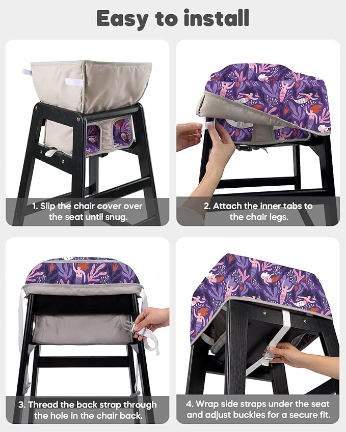 mamatepe Reusable Baby High Chair Cover with Strap Pads & 2-Point Harness, Waterproof Portable Seat Cover for Restaurant Travel Home, Purple
