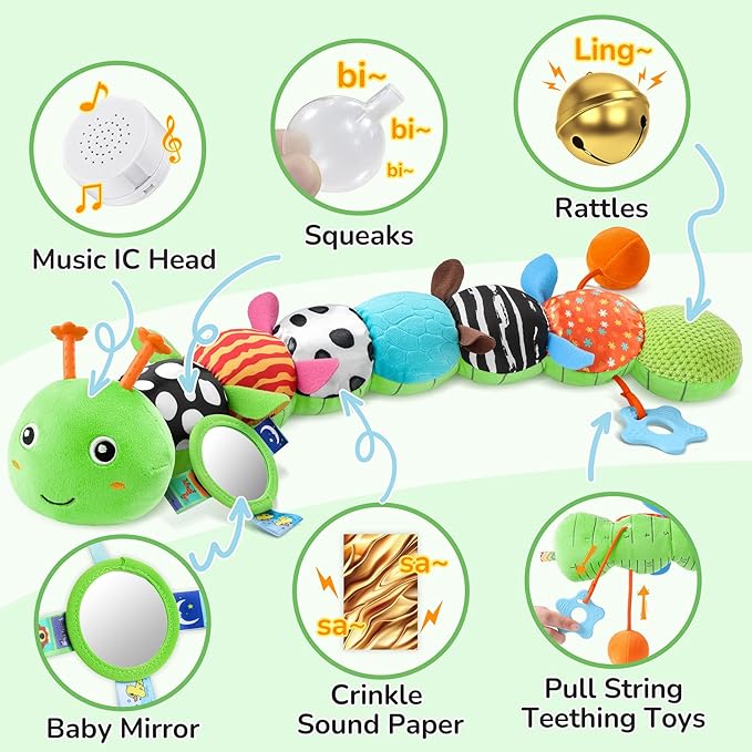 Baby Toys 6-12 Months Music Caterpillar Infant Toys Stuffed Animals 0-3-6 Months Tummy Time Teething Sensory Toys with Mirror Rattle&Pull String for Boys Girls Birthday Gifts|Grass Green,Leafy