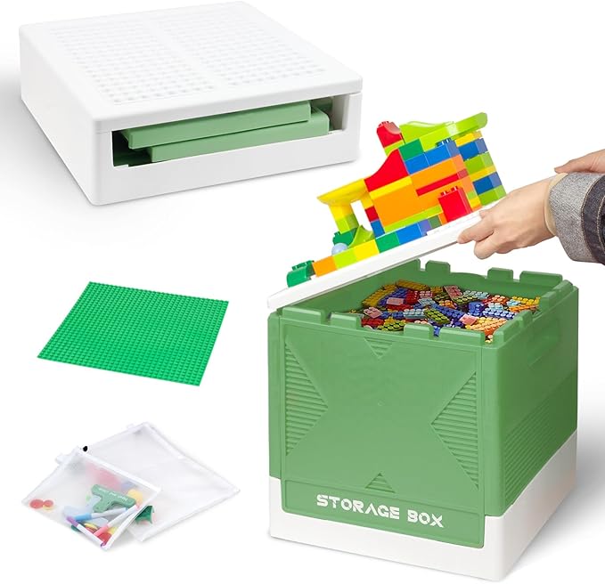 Collapsible Storage Box with Large Building Lid, Multifunctional Toy Storage Box for Brick, Bead, Tool, Sewing, Foldable Storage Bin(Green)