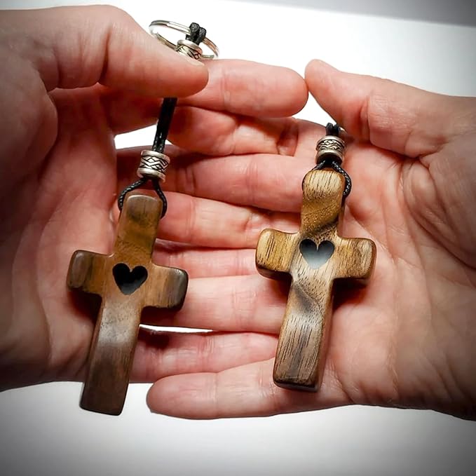 2 PCS Cross My Heart | Encouragement Gift Wooden Cross Key Chain Fingertip Stress Relief Gifts Pocket Small Cross Christmas Gift Handheld Wooden Cross Key Chain