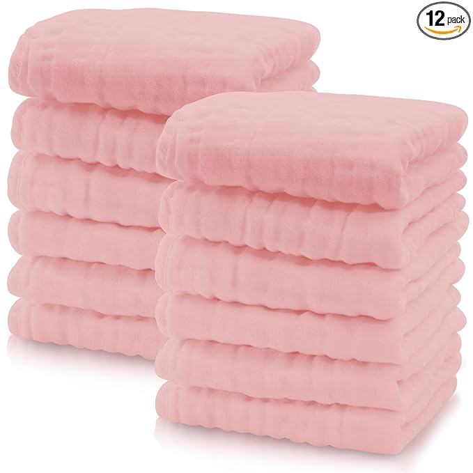 Cute Castle 12 Pack Muslin Baby Washcloths - Large 12'' by 12'' - Ultra Soft 100% Cotton - Super Absorbent Burp Cloths for Unisex, Boy, Girl -Pink