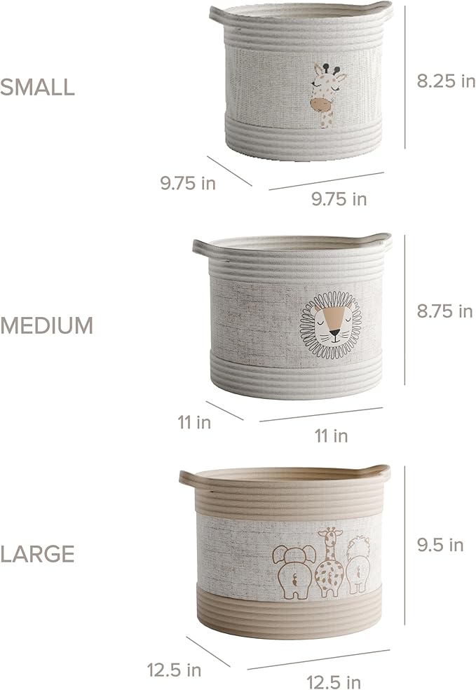 RGI Home Decorative Storage Baskets with Safari Animal Prints – Set of 3 Round Fabric Rope and Linen Organizer Bins for Nursery or Playroom, Multi-Sized with Easy-Carry Handles, Ivory, Tan, and Linen
