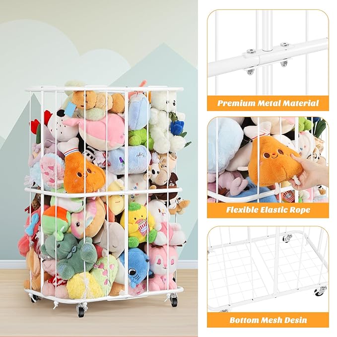 Stuffed Animal Storage Plush Toy Organizer Rolling Stuffed Animal Holder with Wheels Large Stuffed Animal Storage Zoo, Elastic Band for Playroom Bedroom Nursery, Large Capacity, White