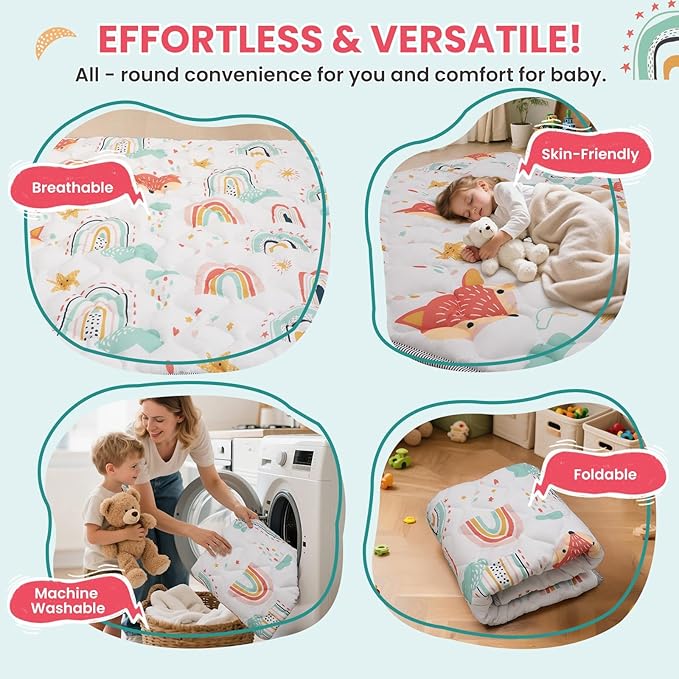 Duwenem Baby Play Mat for Floor,50x50 Inch Soft Padding Crawling Mat for Playpen, Foldable and Machine Washable, Thick for Babies & Toddlers,Rainbow Fox