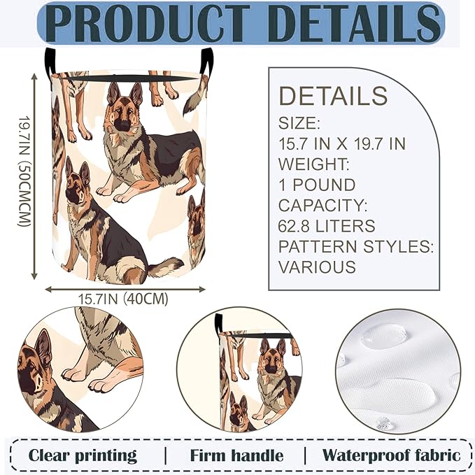German Shepherd Laundry Basket Hamper 19.7"x15.8", Dog Foldable Waterproof Oxford Clothes Storage Bucket for Room Bathroom Bedroom Nursery Decor, Toy Organizer Bins Gifts for Kids Boys Girls